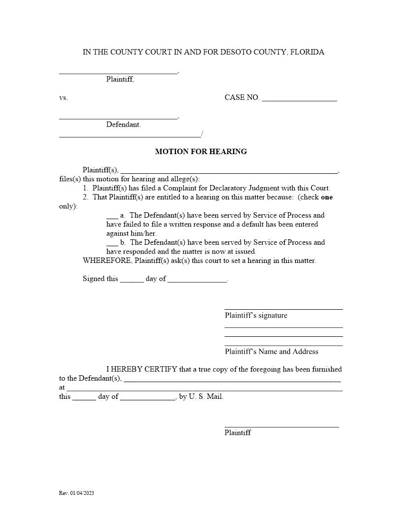 Motion For Hearing (Declaratory Judgment) | Pdf Fpdf Docx | Florida