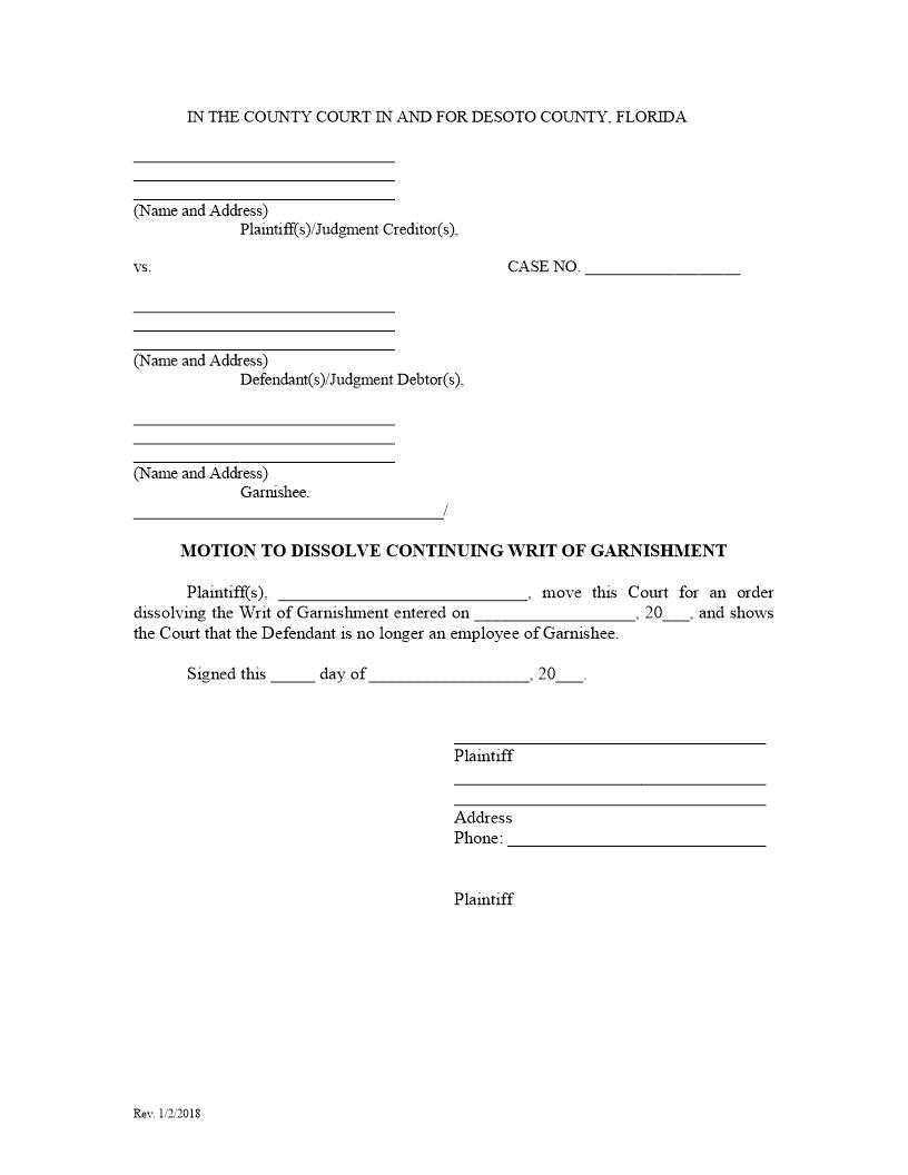 Motion To Dissolve Continuing Writ Of Garnishment | Pdf Fpdf Docx | Florida