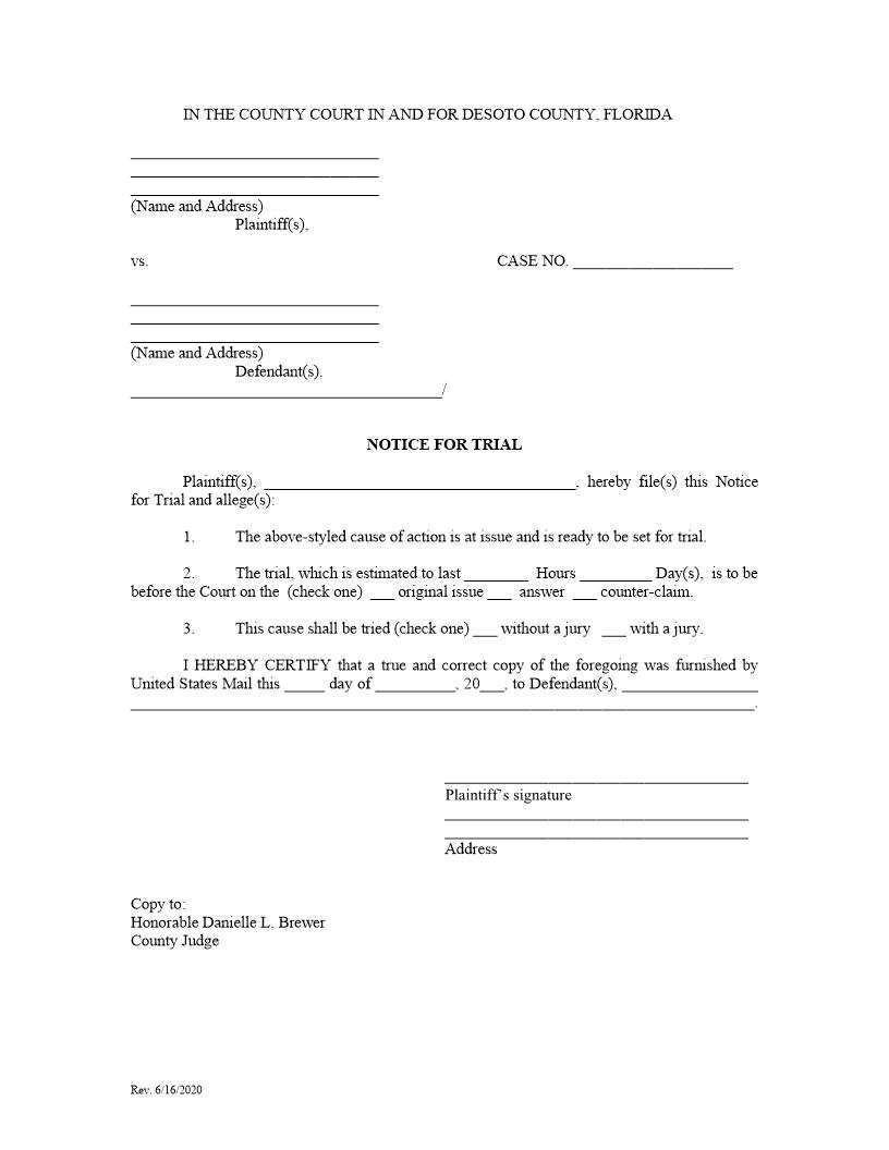 Notice For Trial | Pdf Fpdf Docx | Florida