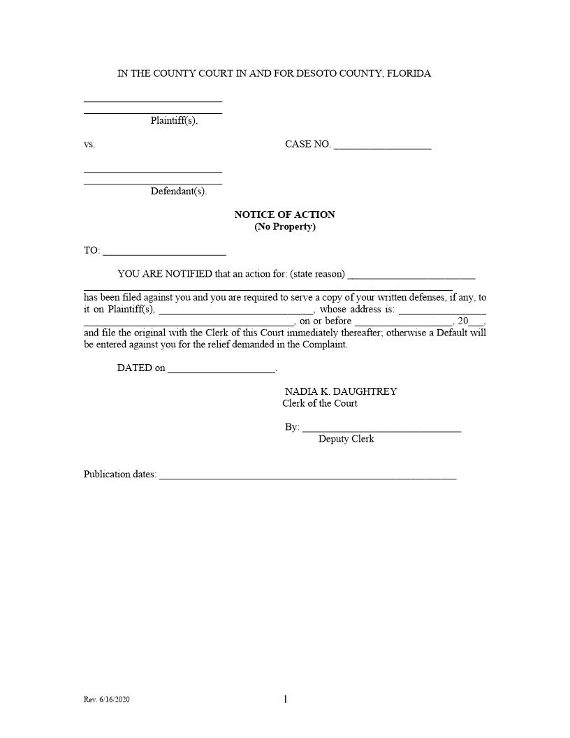 Notice Of Action (No Property) | Pdf Fpdf Docx | Florida
