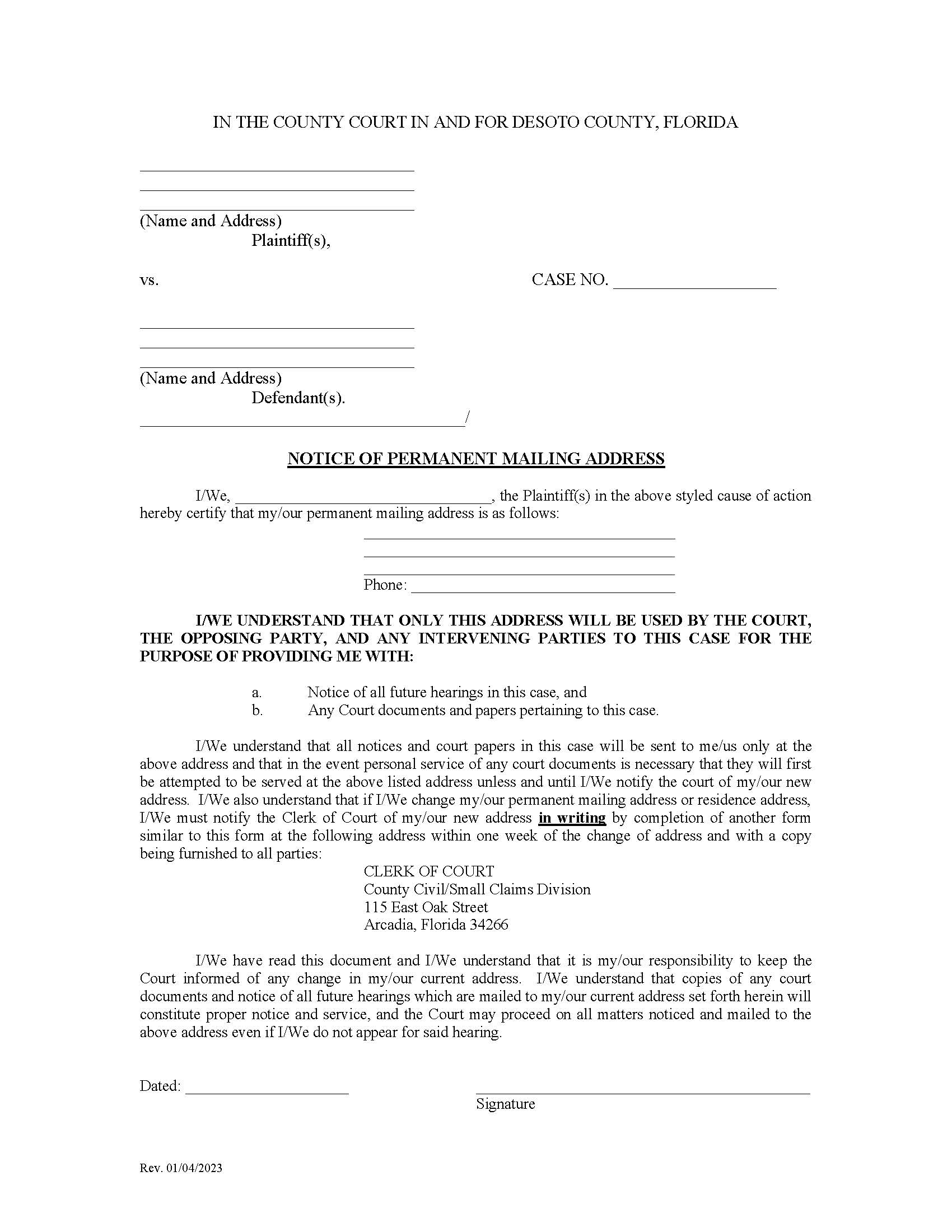 Notice Of Permanent Mailing Address | Pdf Fpdf Docx | Florida