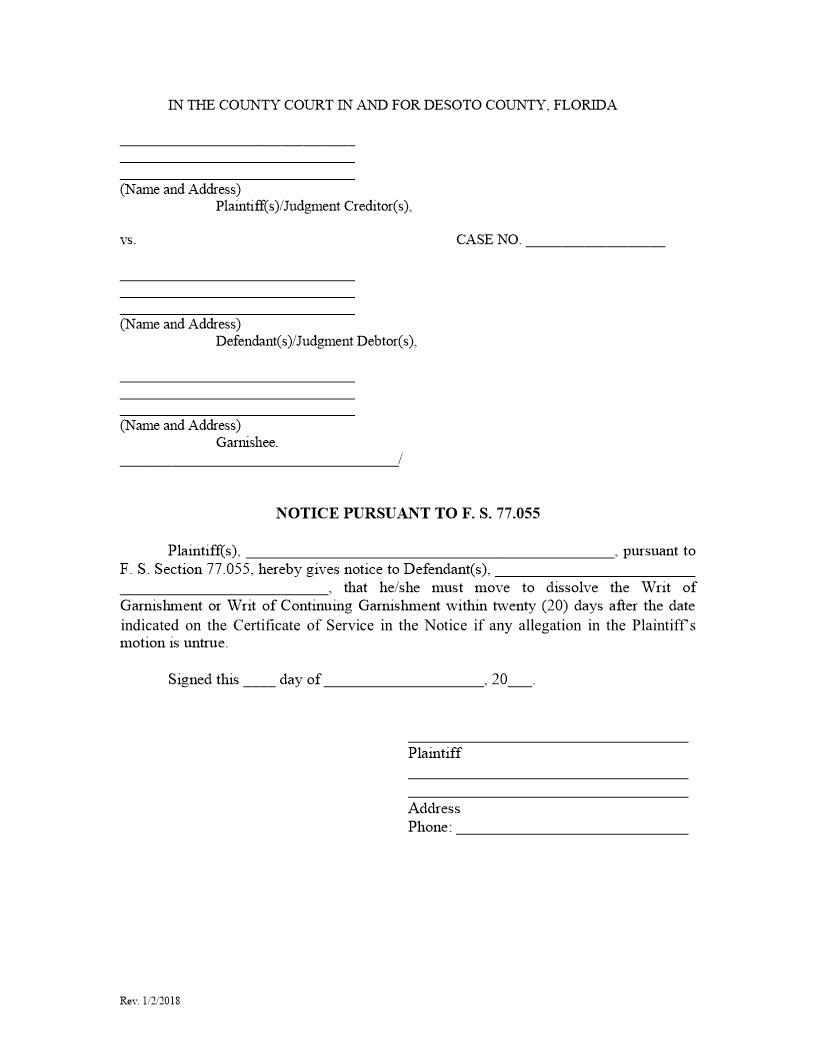 Notice Pursuant To F. S. 77.055 (Writ Of Garnishment) | Pdf Fpdf Docx | Florida