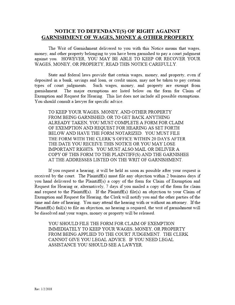 Notice To Defendants Right Against Garnishment Of Wages Other Property | Pdf Fpdf Docx | Florida
