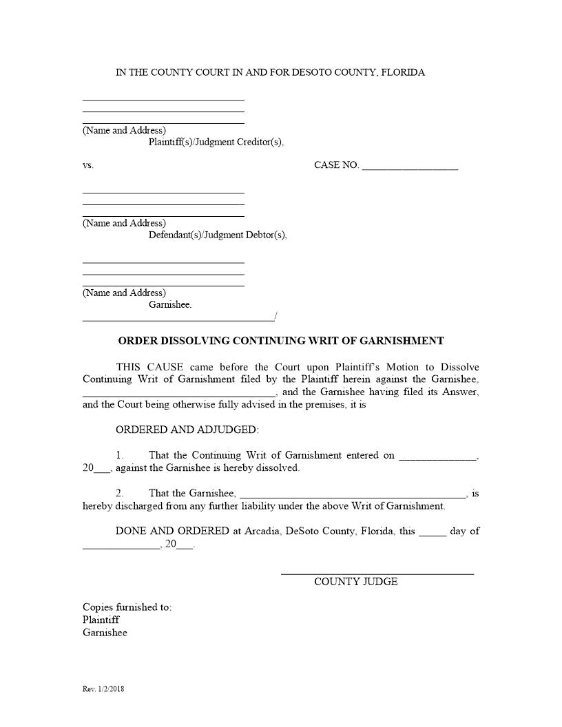 Order Dissolving Continuing Writ Of Garnishment | Pdf Fpdf Docx | Florida