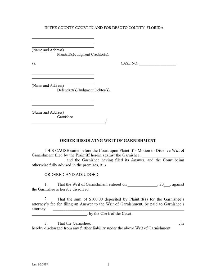 Order Dissolving Writ Of Garnishment | Pdf Fpdf Docx | Florida