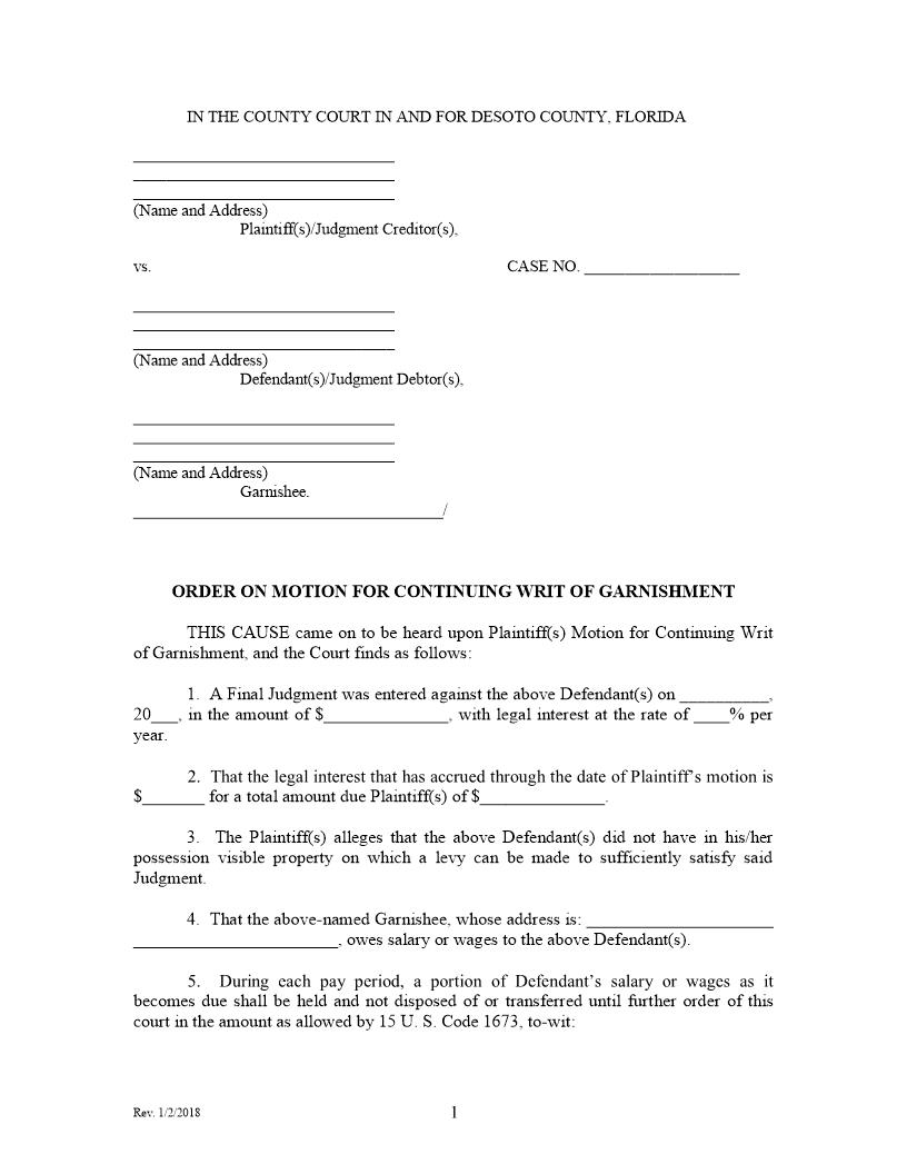 Order On Motion For Continuing Writ Of Garnishment | Pdf Fpdf Docx | Florida