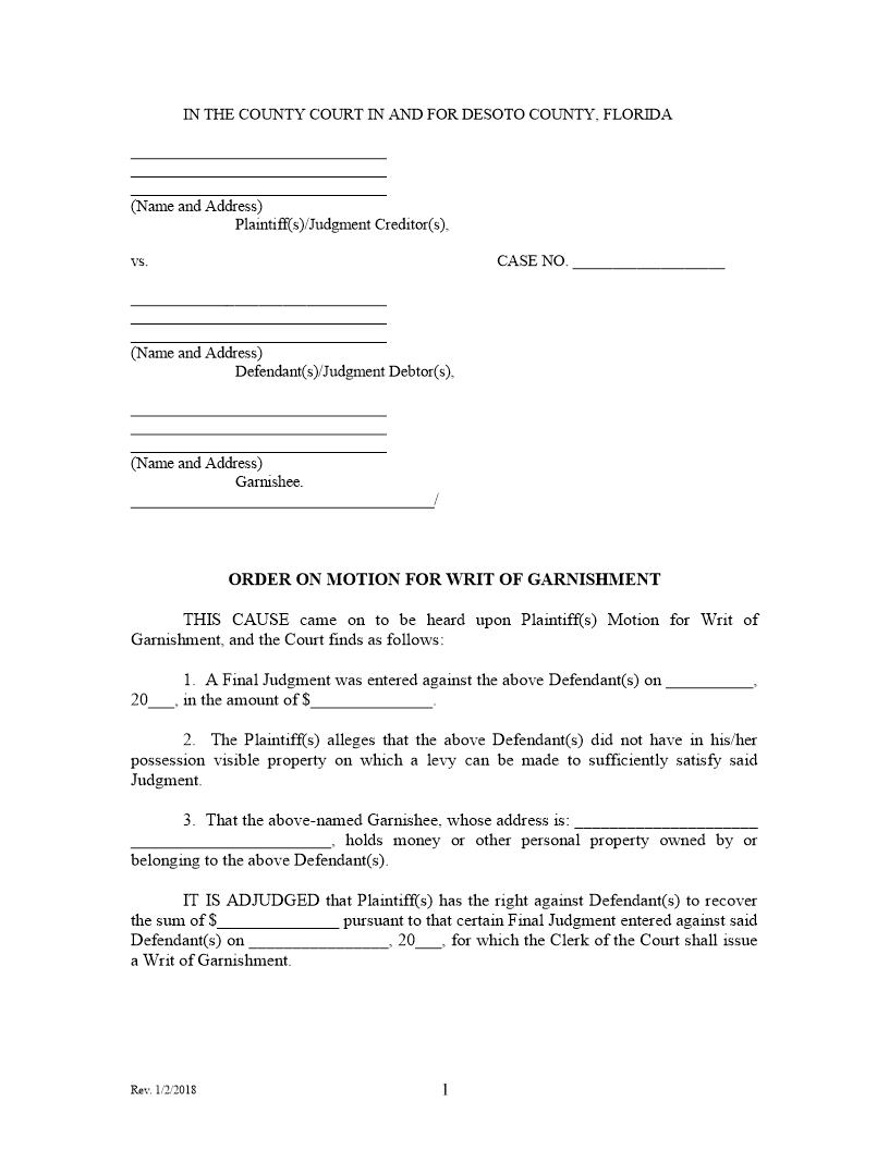 Order On Motion For Writ Of Garnishment | Pdf Fpdf Docx | Florida