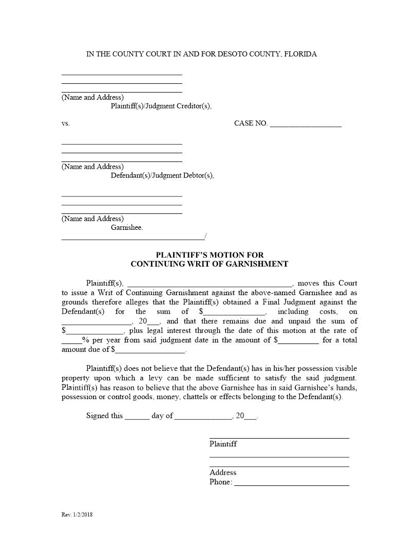 Plaintiffs Motion For Continuing Writ Of Garnishment | Pdf Fpdf Docx | Florida