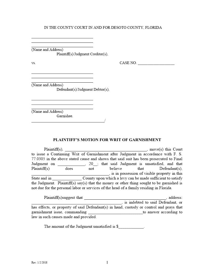 Plaintiffs Motion For Writ Of Garnishment | Pdf Fpdf Docx | Florida