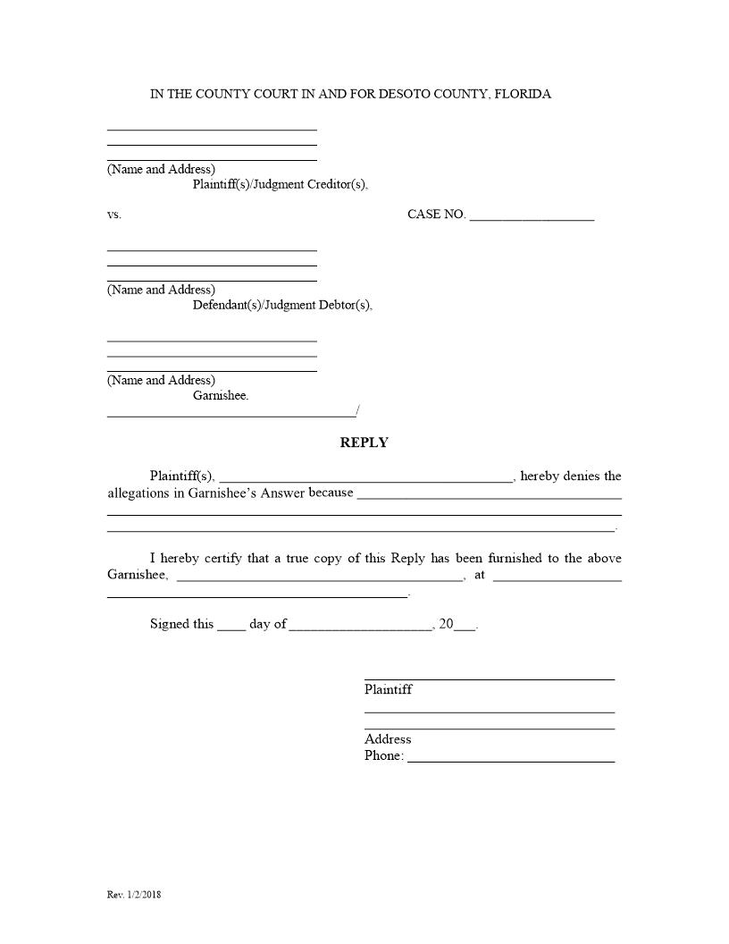 Reply (To Garnishees Answer) | Pdf Fpdf Docx | Florida