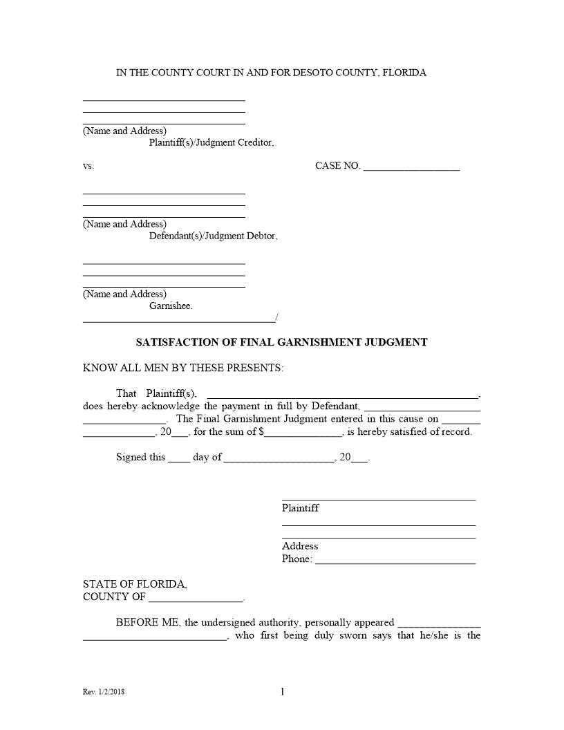 Satisfaction Of Final Garnishment Judgment | Pdf Fpdf Docx | Florida