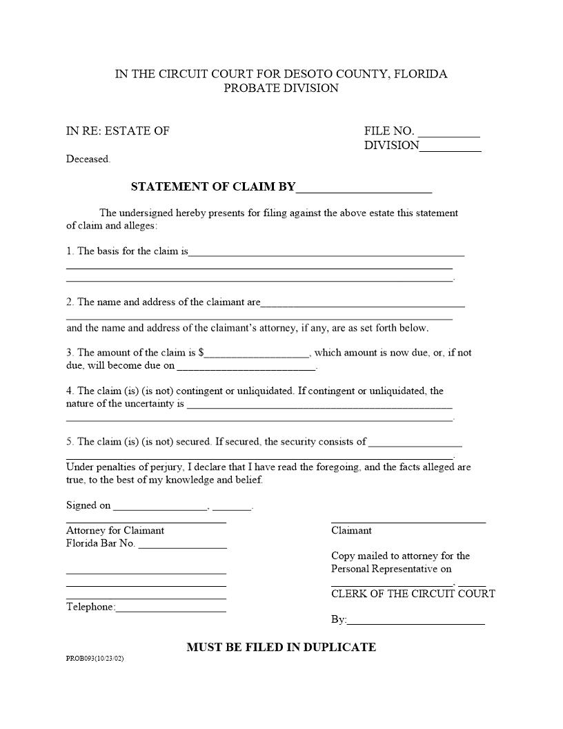 Statement Of Claim (Probate) | Pdf Fpdf Docx | Florida
