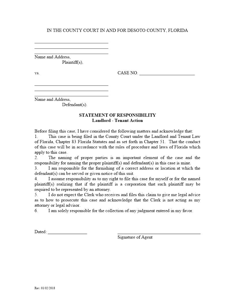 Statement Of Responsibiity Landlord Tenant Action | Pdf Fpdf Docx | Florida