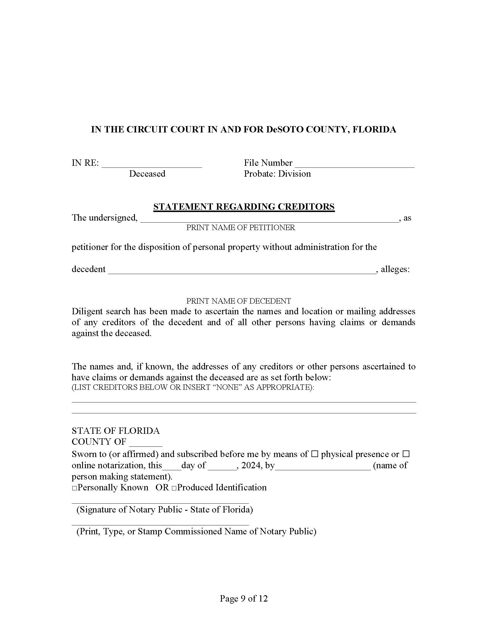 Statement Regarding Creditors (Disposition Of Personal Property) | Pdf Fpdf Docx | Florida
