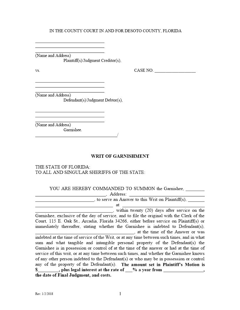 Writ Of Garnishment | Pdf Fpdf Docx | Florida