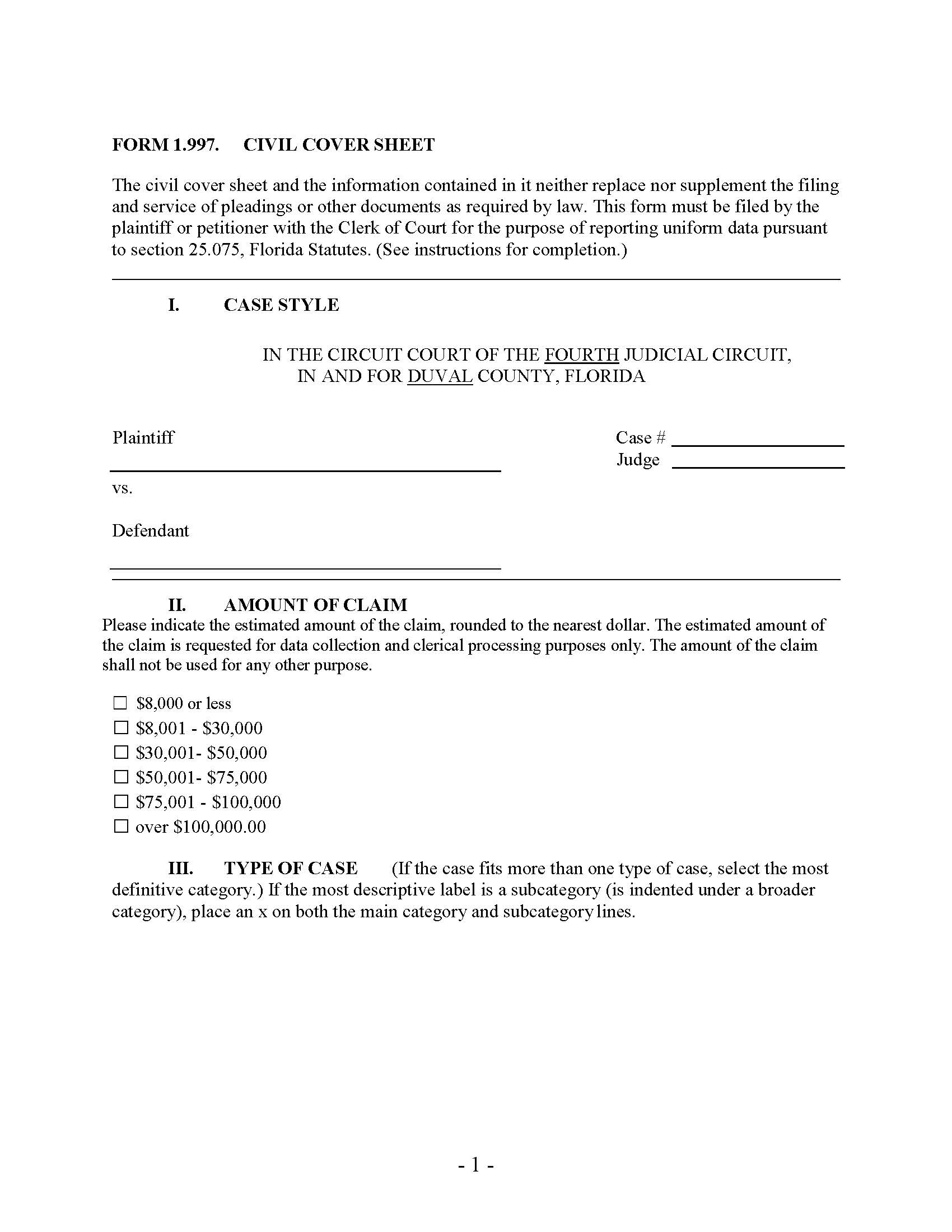 Civil Cover Sheet {1.997} | Pdf Fpdf Doc Docx | Florida