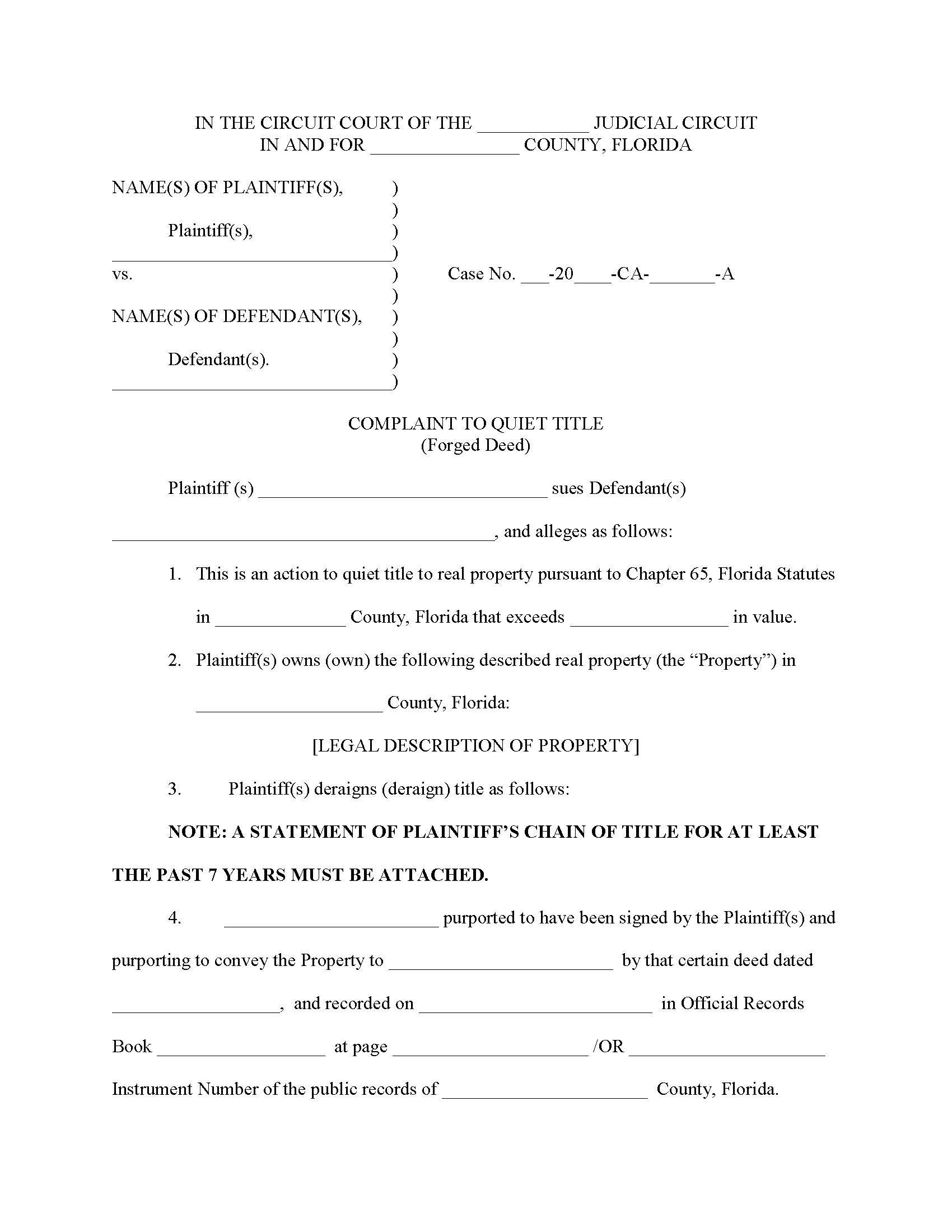 Complaint To Quiet Title (Forged Deed) | Pdf Fpdf Docx | Florida