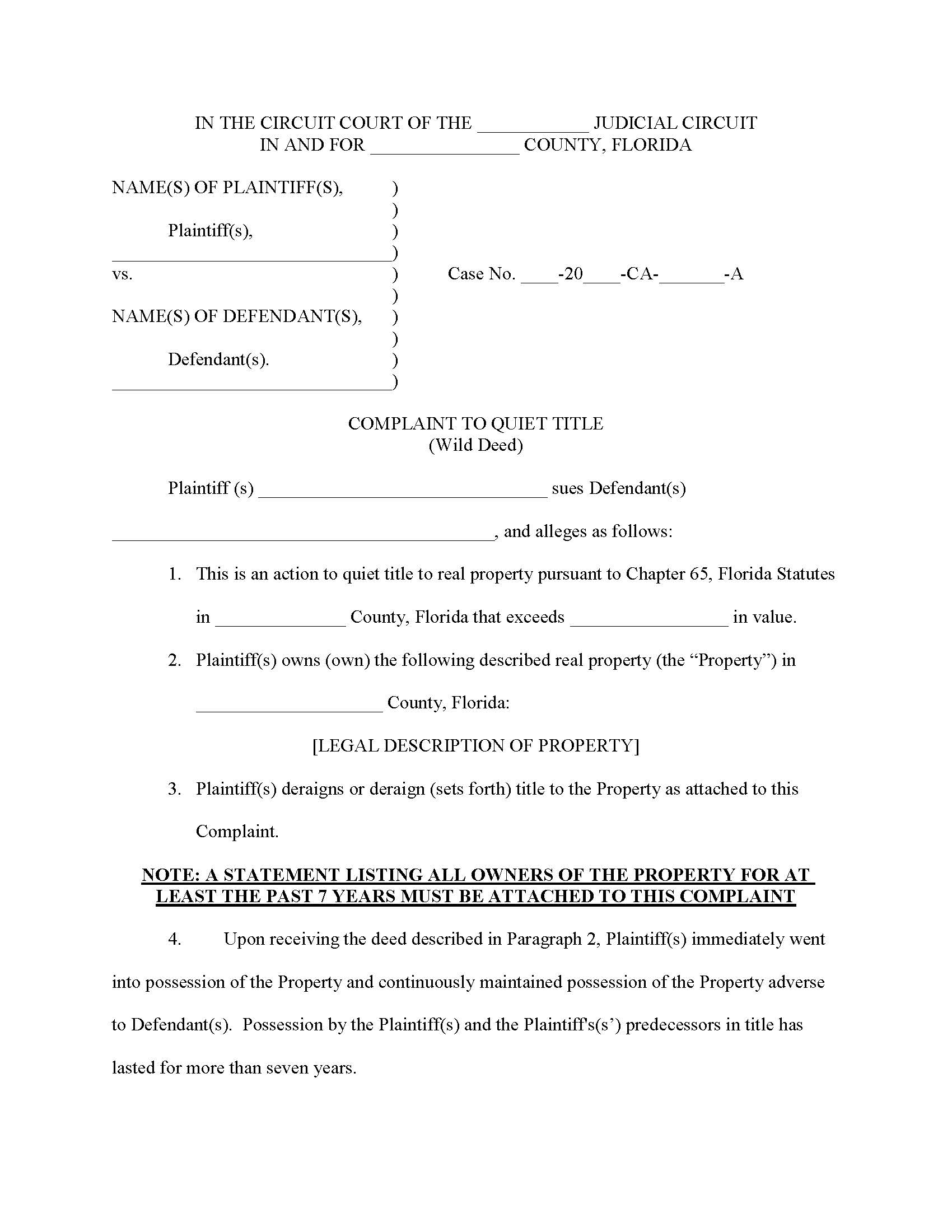 Complaint To Quiet Title (Wild Deed) | Pdf Fpdf Docx | Florida