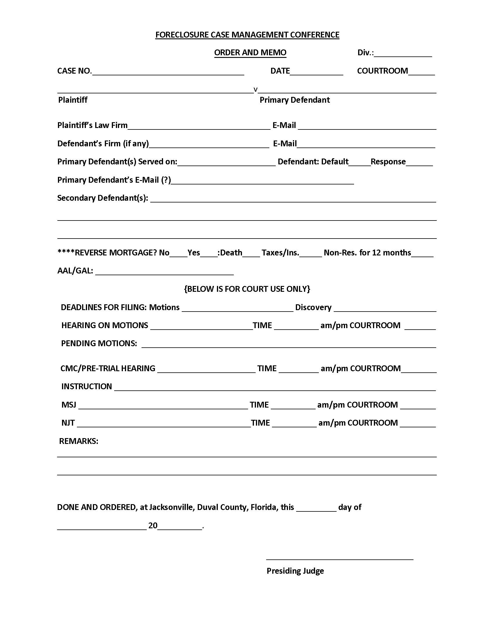 Foreclosure Case Management Conference Order And Memo | Pdf Fpdf Docx | Florida