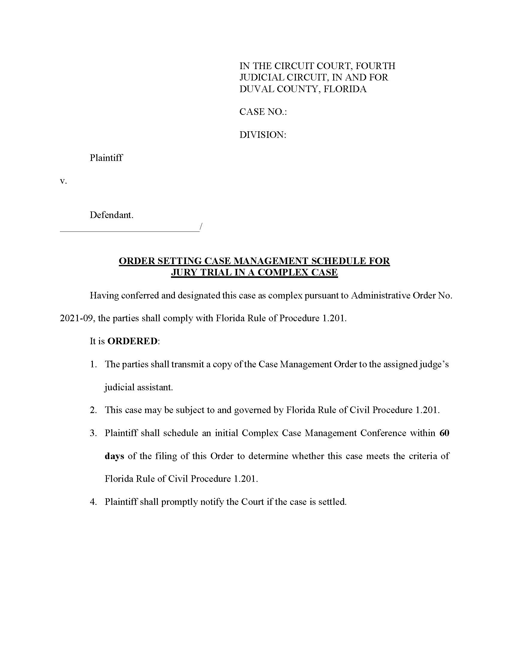 Order Setting Case Management Schedule Jury Trial In Complex Case (Duval) | Pdf Fpdf Docx | Florida