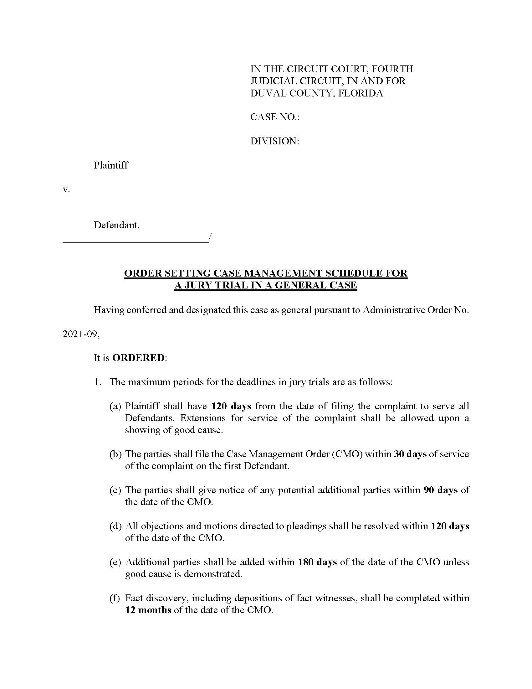 Order Setting Case Management Schedule Jury Trial In General Case (Duval) | Pdf Fpdf Docx | Florida