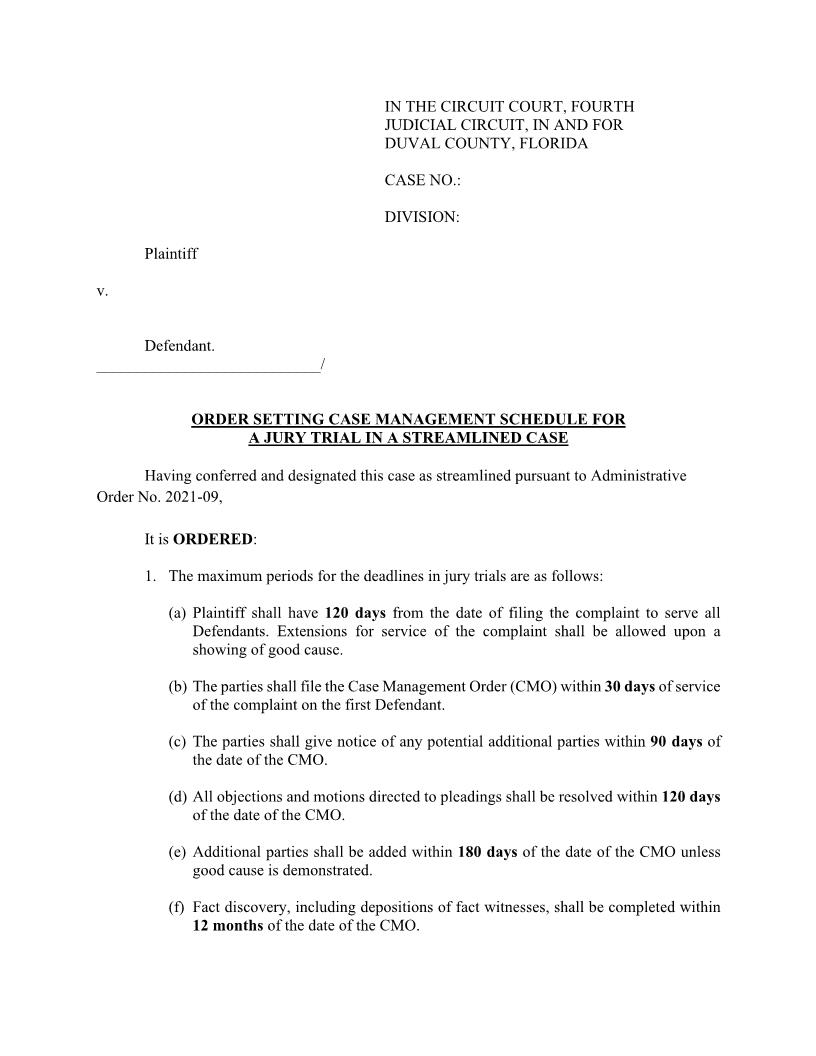 Order Setting Case Management Schedule Jury Trial In Streamlined Case (Duval) | Pdf Fpdf Docx | Florida