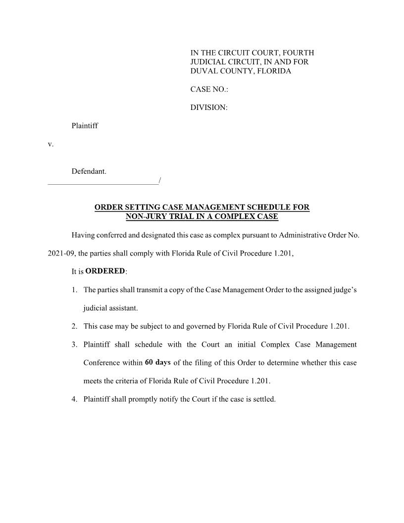 Order Setting Case Management Schedule Non-Jury Trial In Complex Case (Duval) | Pdf Fpdf Docx | Florida