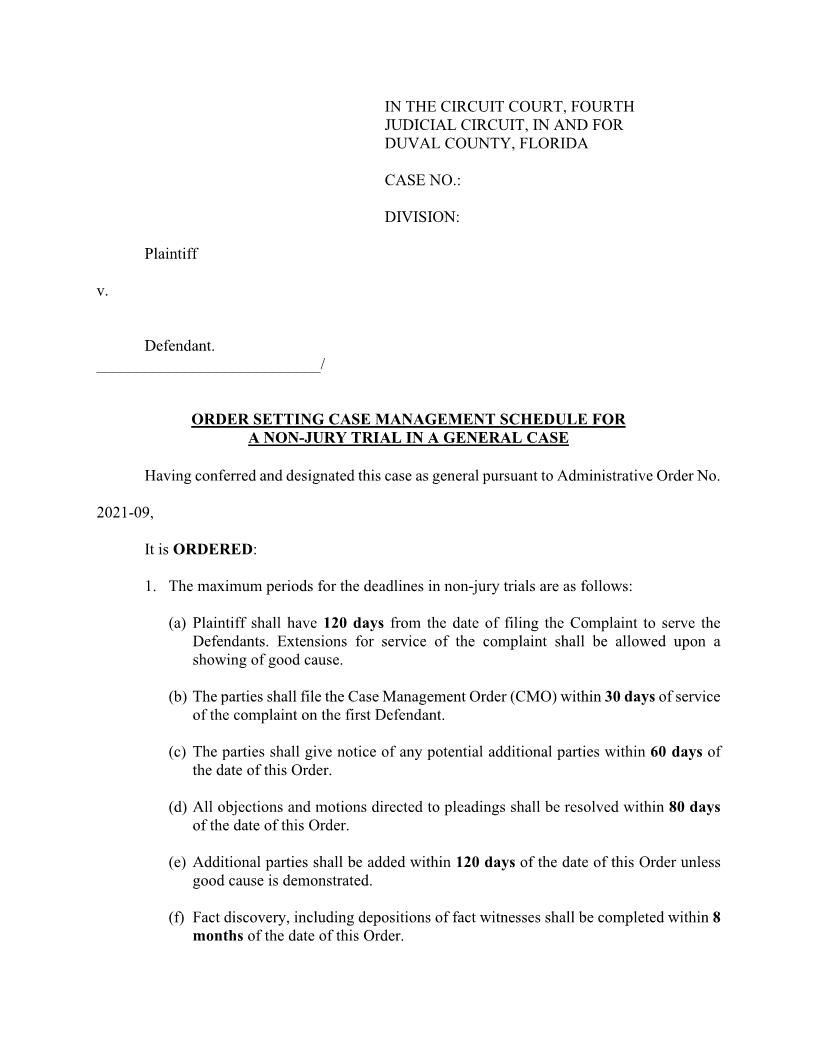 Order Setting Case Management Schedule Non-Jury Trial In General Case (Duval) | Pdf Fpdf Docx | Florida