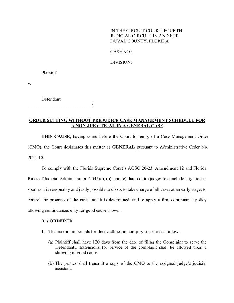 Order Setting Without Prejudice CMS Non-Jury Trial General Case (Duval) | Pdf Fpdf Docx | Florida