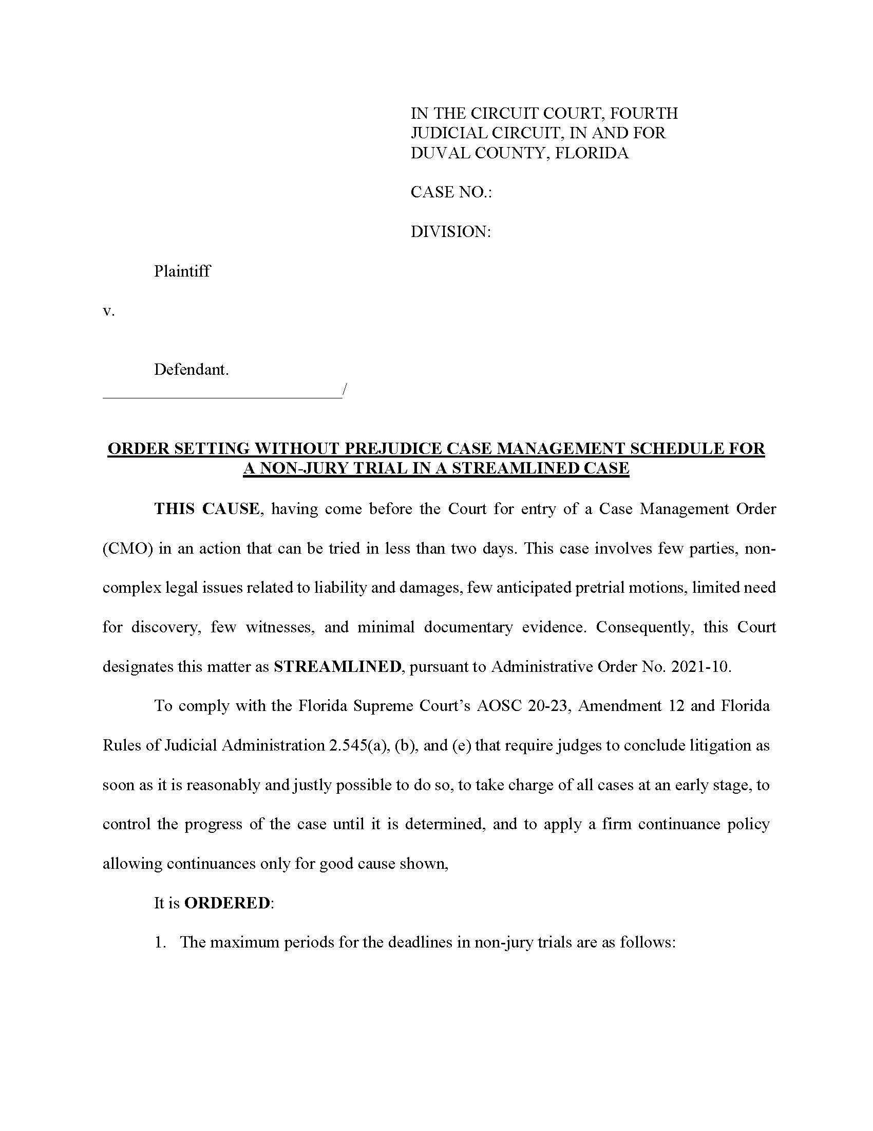 Order Setting Without Prejudice CMS Non-Jury Trial Streamlined Case (Duval) | Pdf Fpdf Docx | Florida