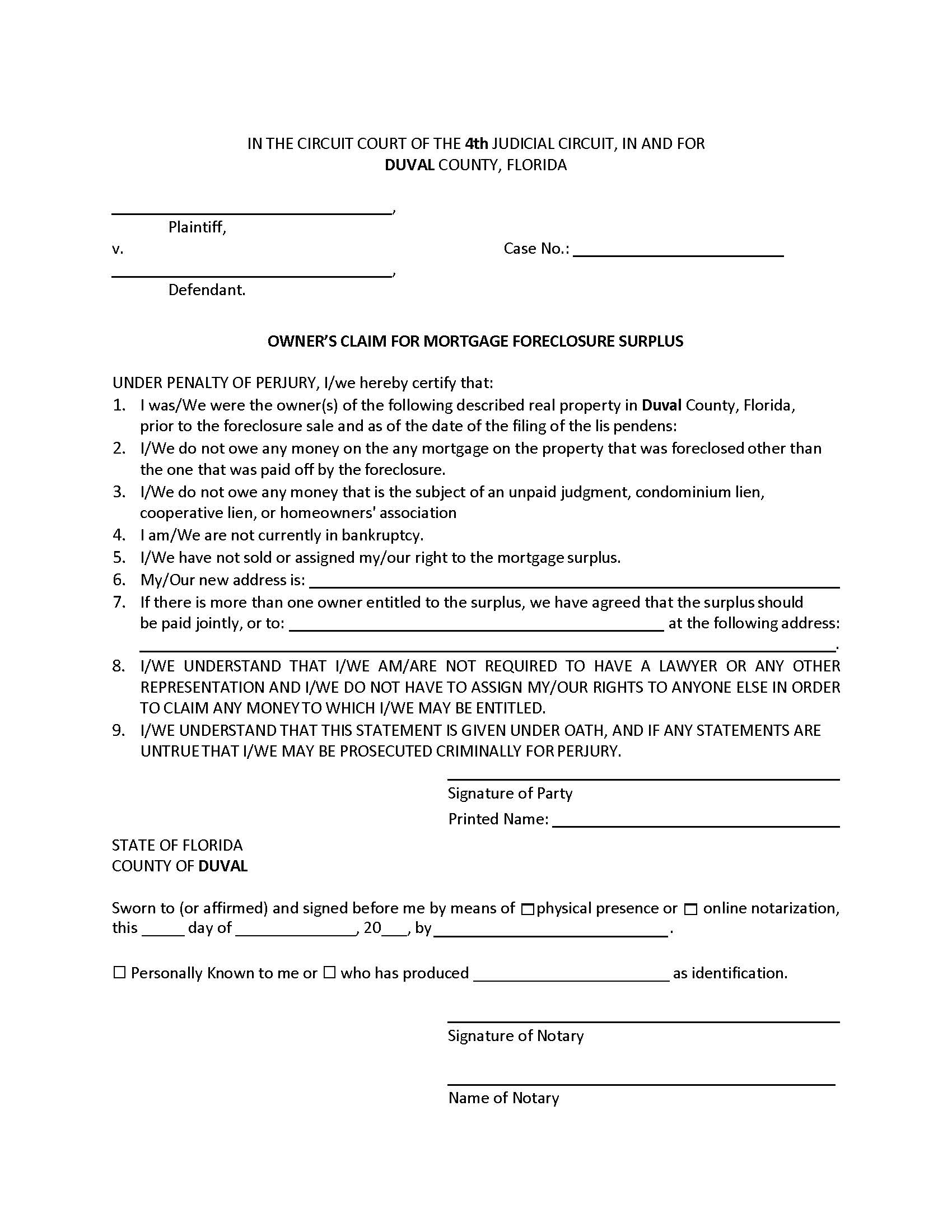 Owners Claim For Mortgage Foreclosure Surplus | Pdf Fpdf Docx | Florida