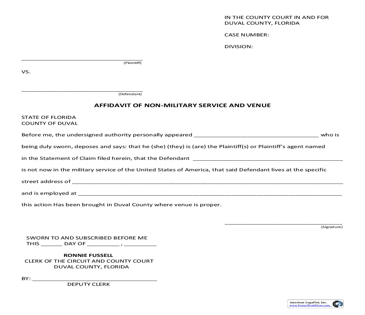 Affidavit Of Non-Military Service And Venue | Pdf Fpdf Doc Docx | Florida