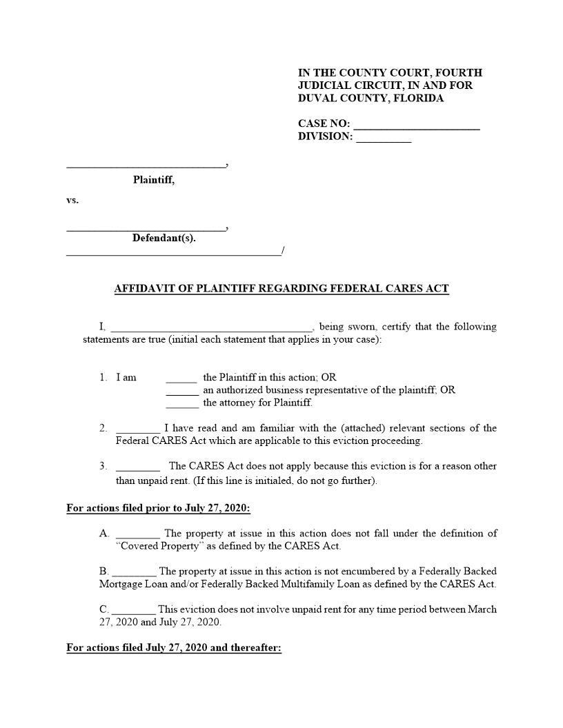 Affidavit Of Plaintiff Regarding Federal CARES Act | Pdf Fpdf Docx | Florida