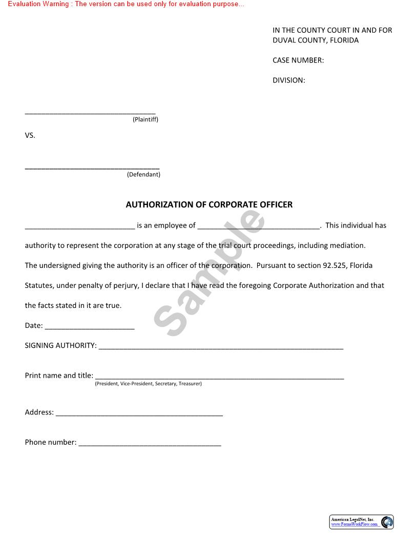 Authorization of Corporate Officer | Pdf Fpdf Doc Docx | Florida