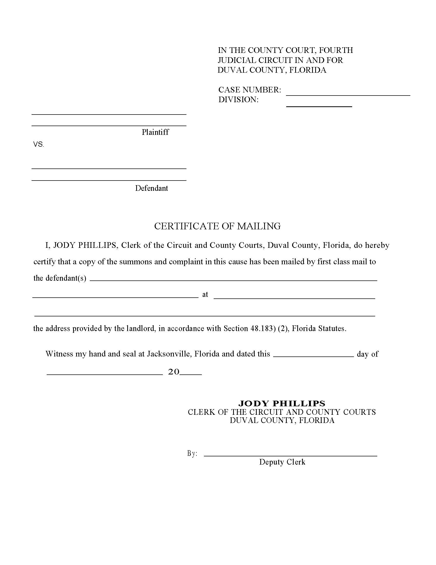 Certificate Of Mailing {Eviction Summons And Complaint) | Pdf Fpdf Doc Docx | Florida