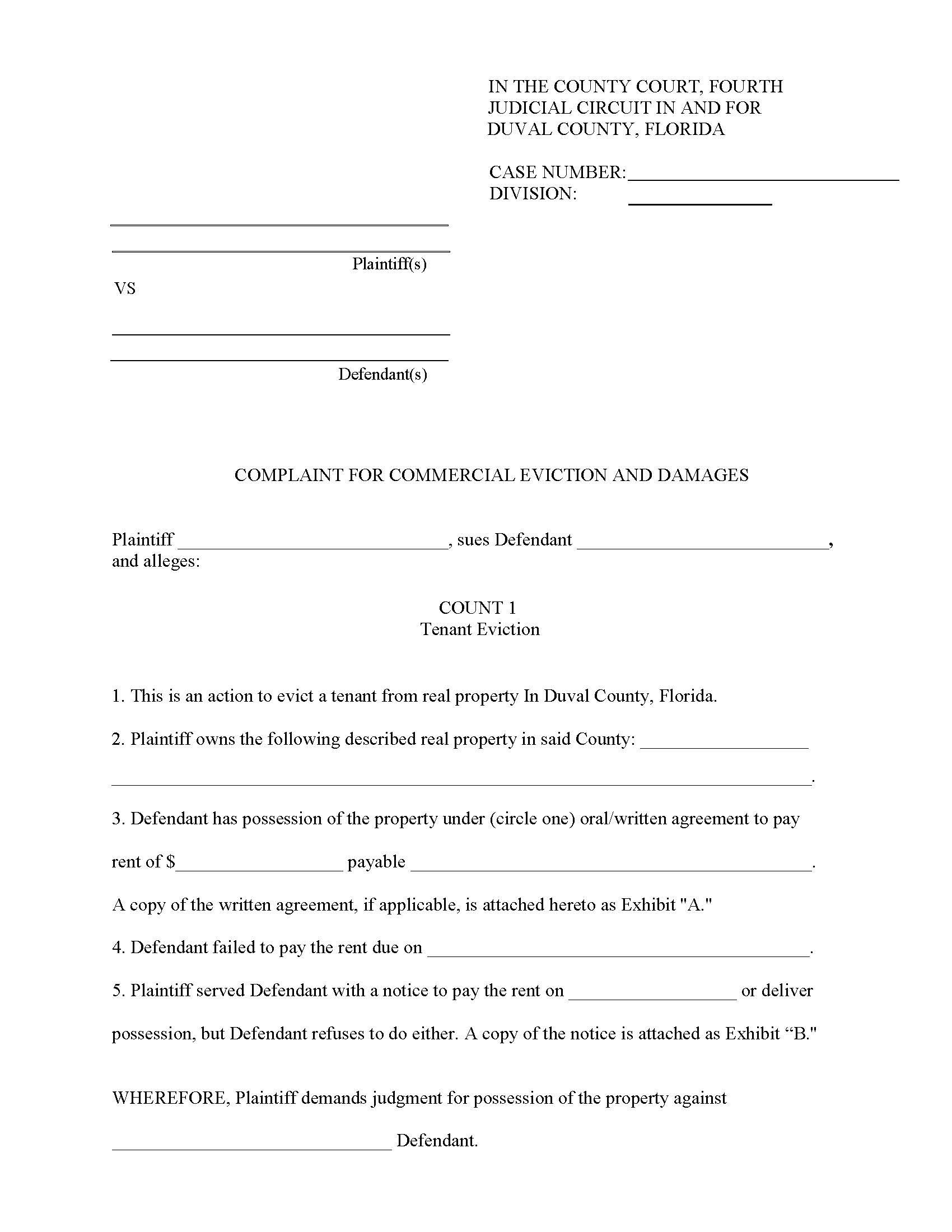 Complaint For Commercial Eviction And Damages | Pdf Fpdf Docx | Florida