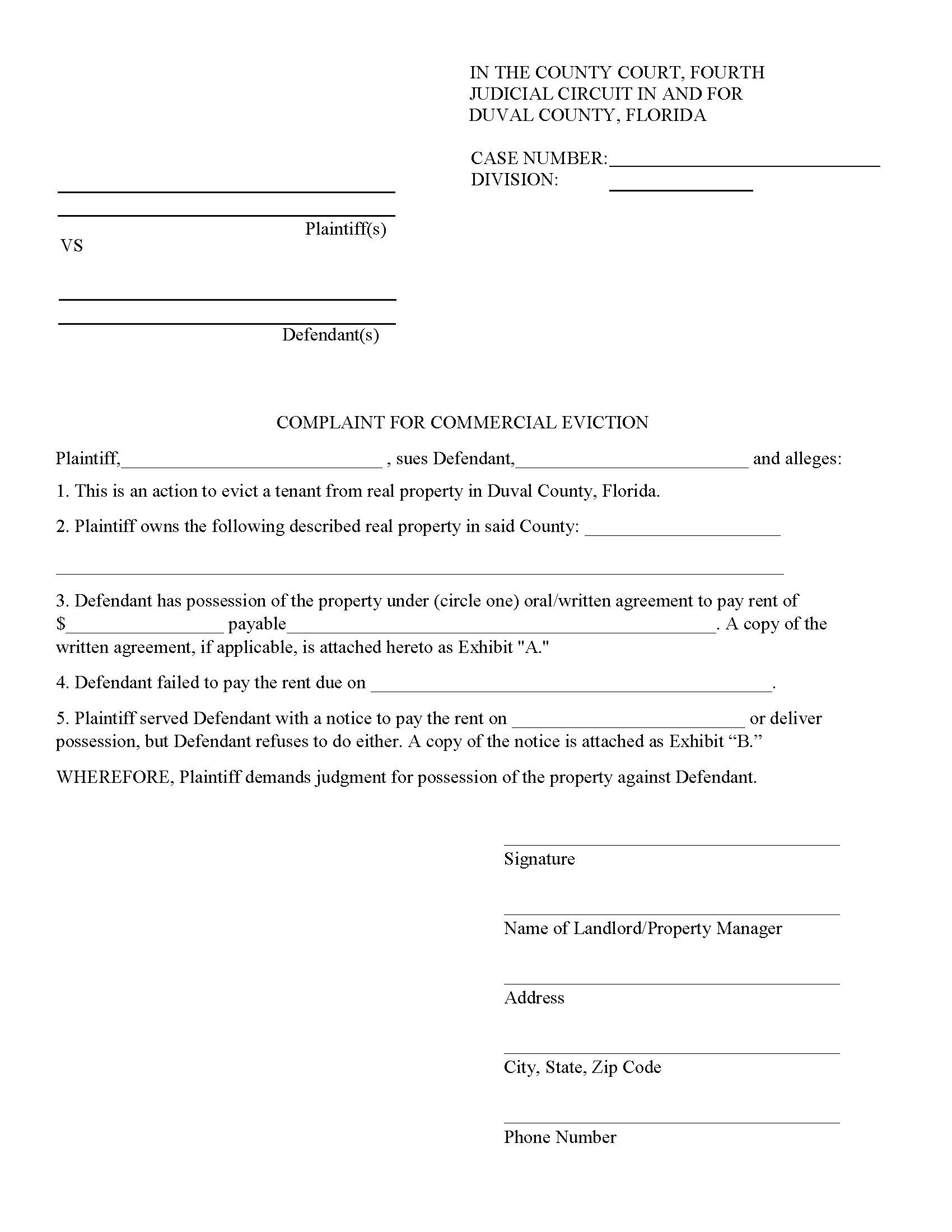 Complaint For Commercial Eviction | Pdf Fpdf Docx | Florida