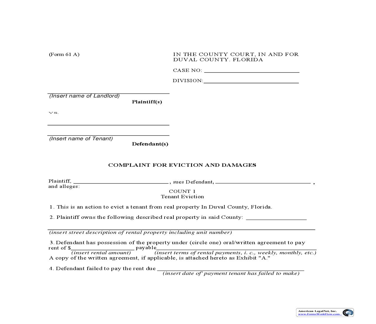 Complaint For Eviction And Damages {61A} | Pdf Fpdf Doc Docx | Florida