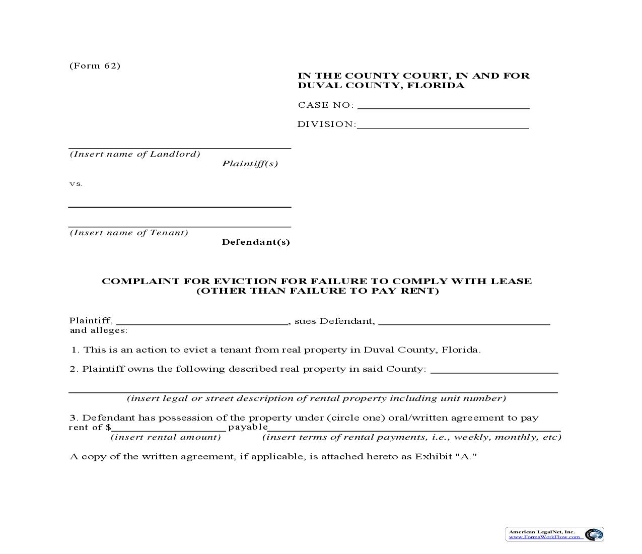 Complaint For Eviction For Failure To Comply With Lease (Other Than Failure To Pay Rent)  {62} | Pdf Fpdf Doc Docx | Florida