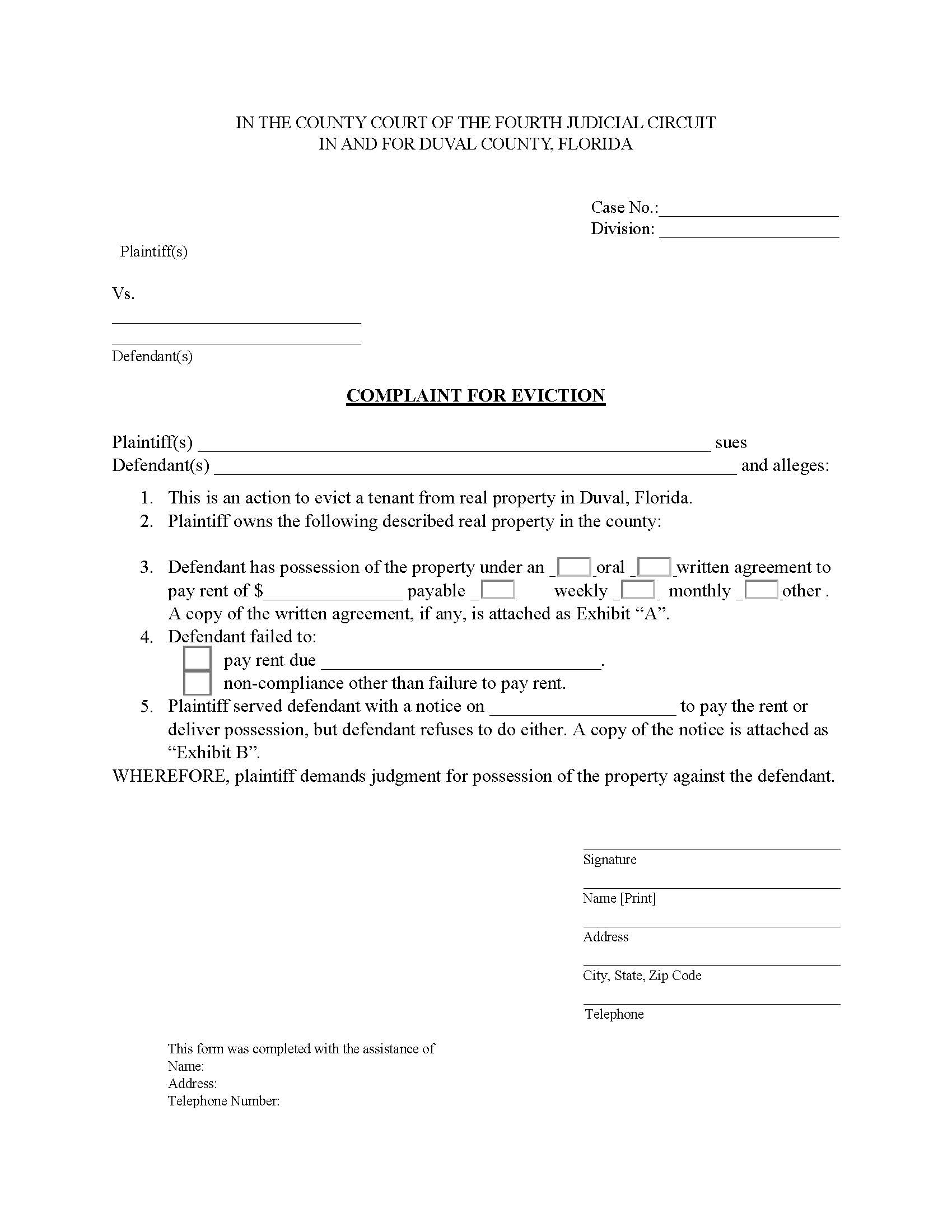Complaint For Eviction | Pdf Fpdf Doc Docx | Florida