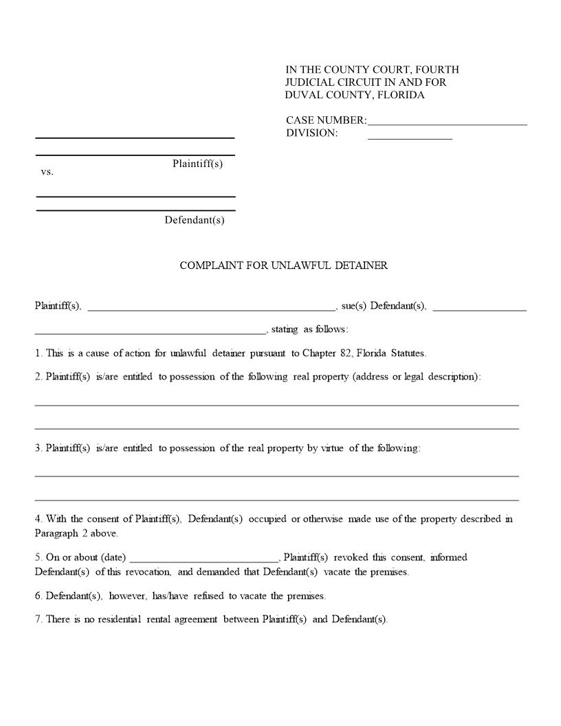 Complaint For Unlawful Detainer | Pdf Fpdf Docx | Florida