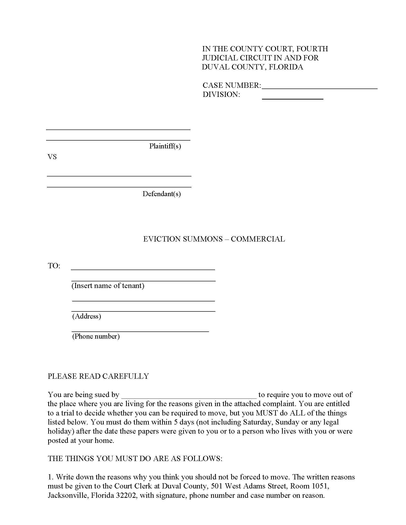 Eviction Summons - Commercial | Pdf Fpdf Docx | Florida