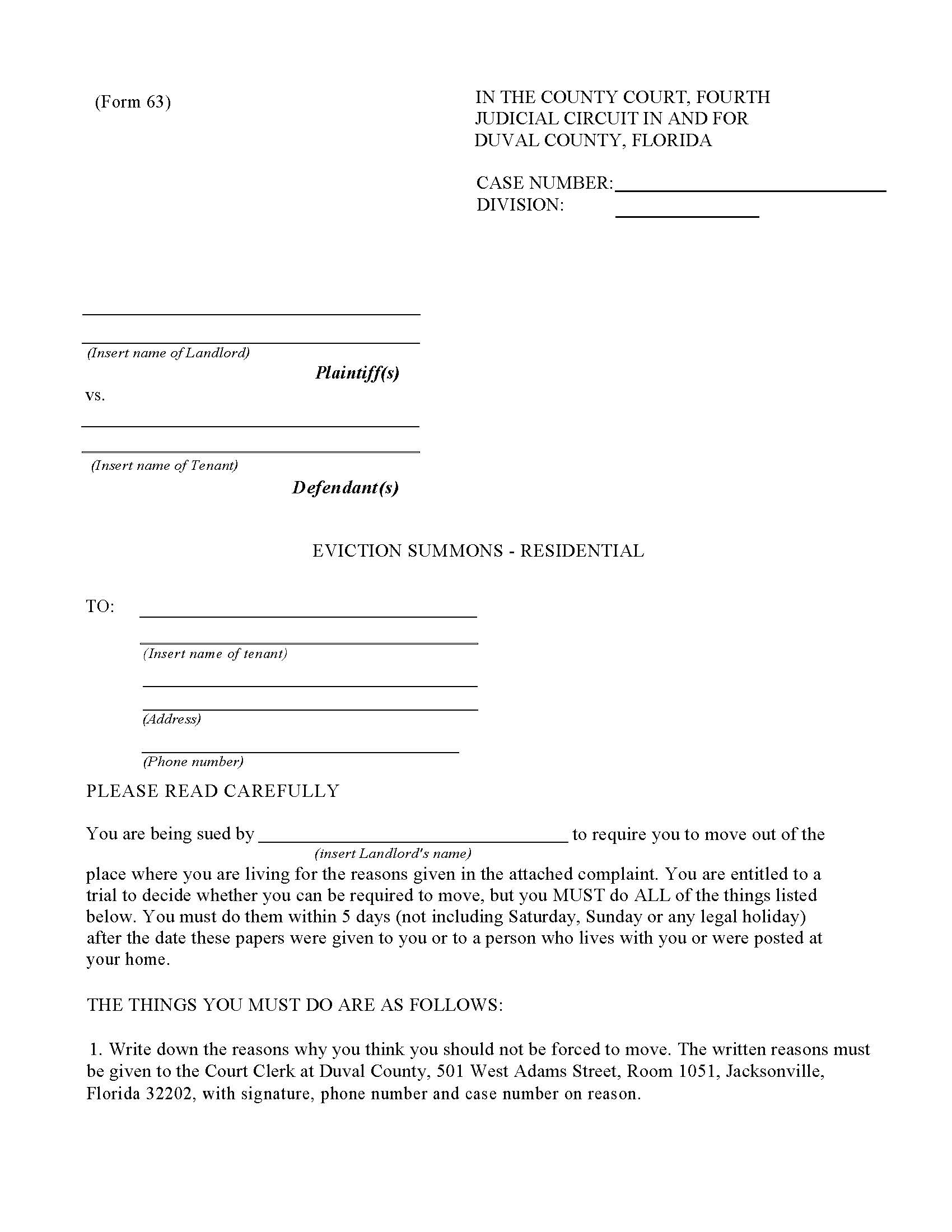 Eviction Summons - Residential {63} | Pdf Fpdf Doc Docx | Florida