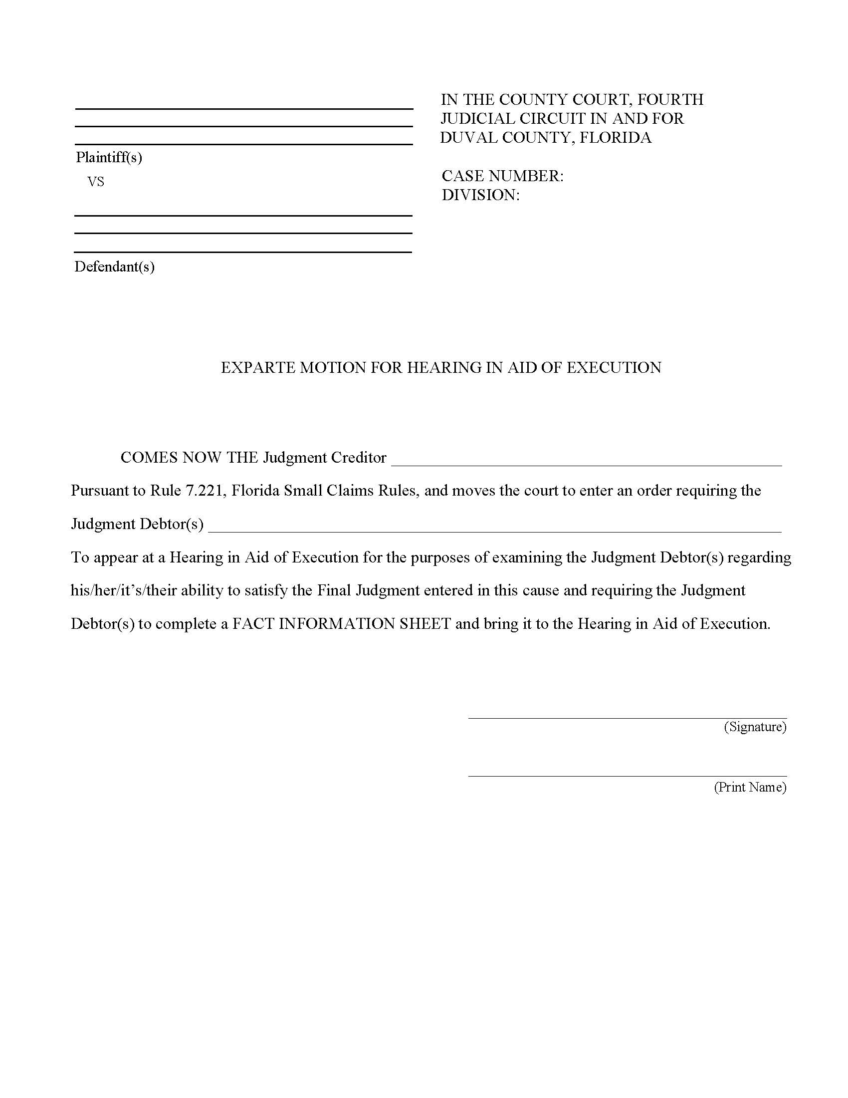 Exparte Motion For Hearing In Aid Of Execution | Pdf Fpdf Docx | Florida