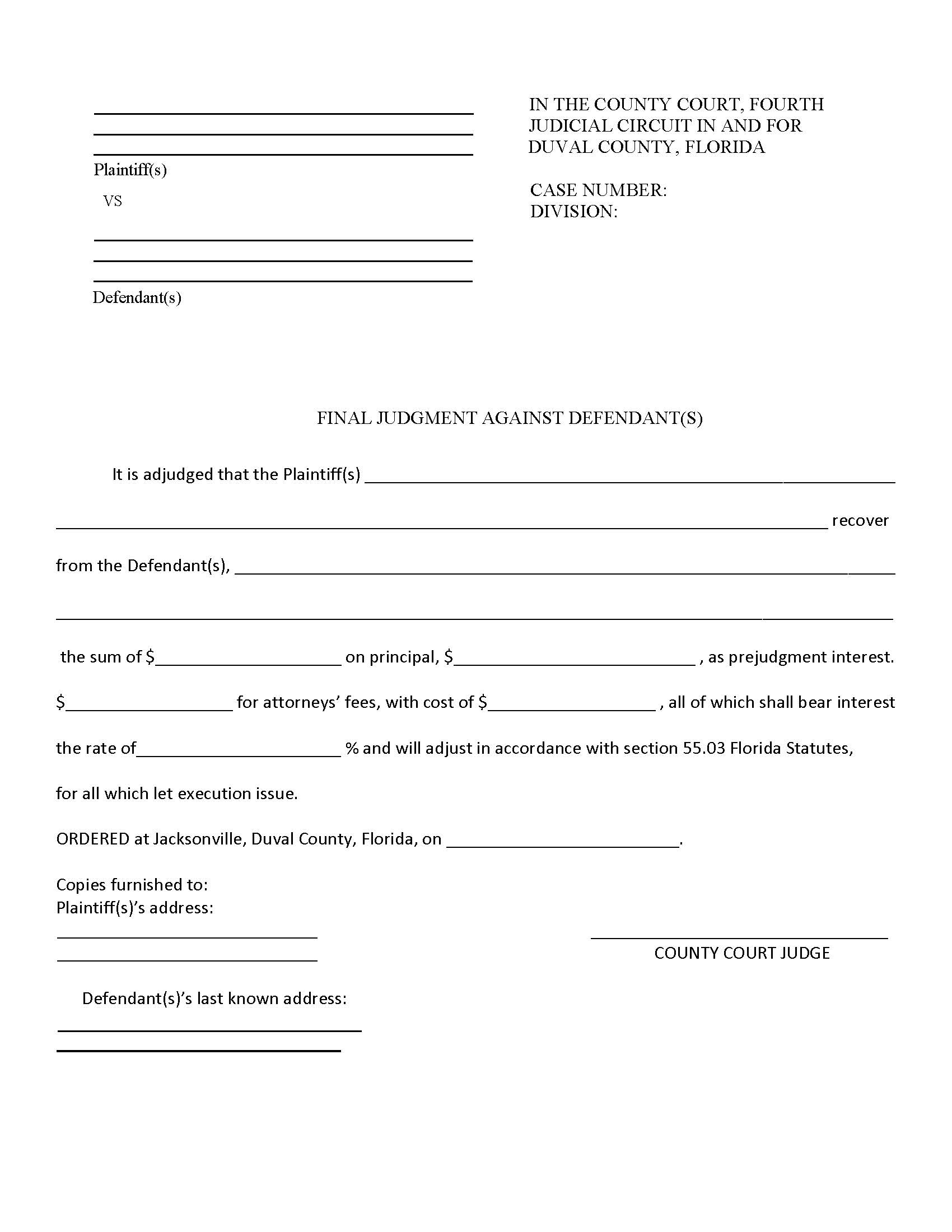Final Judgment Against Defendant(s) | Pdf Fpdf Doc Docx | Florida