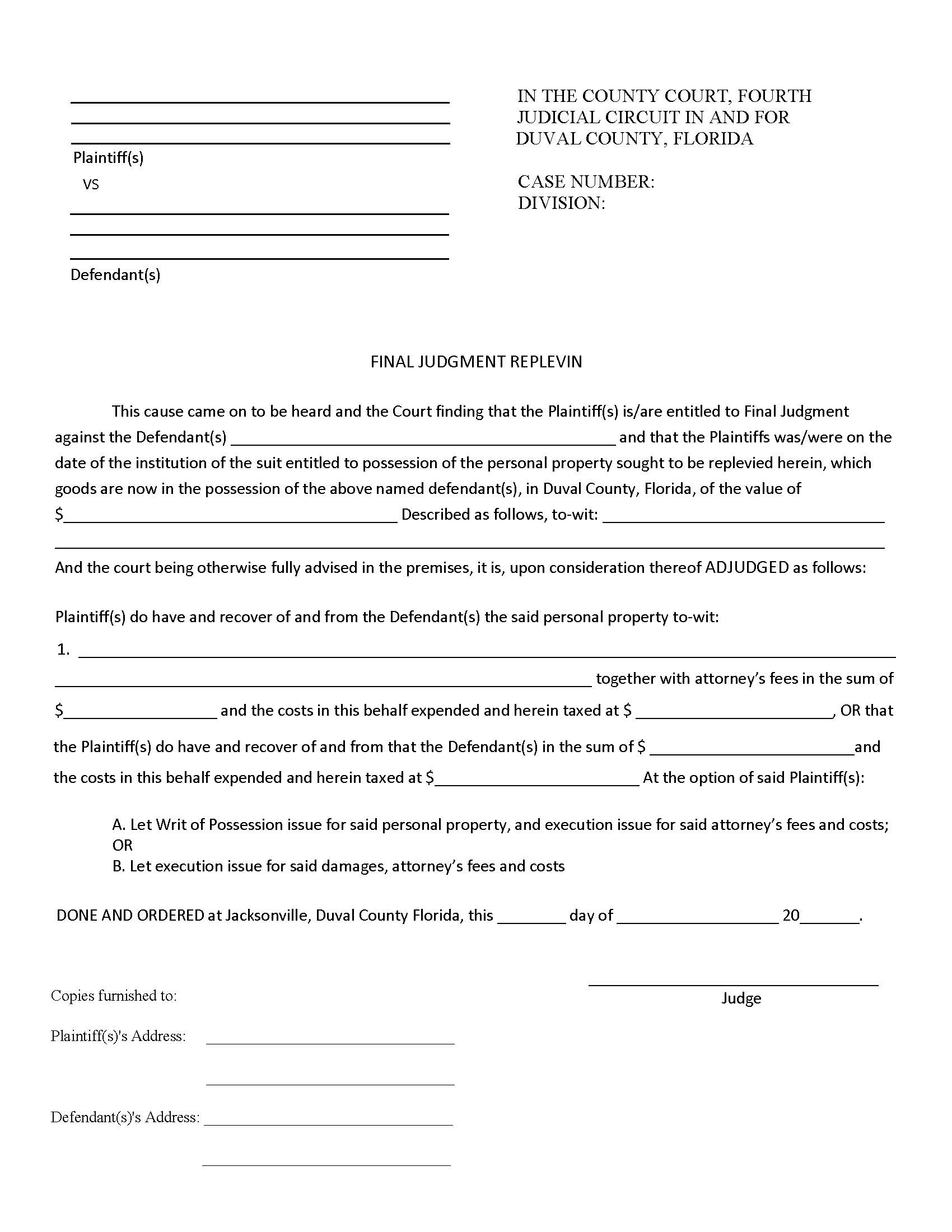 Final Judgment Replevin | Pdf Fpdf Docx | Florida