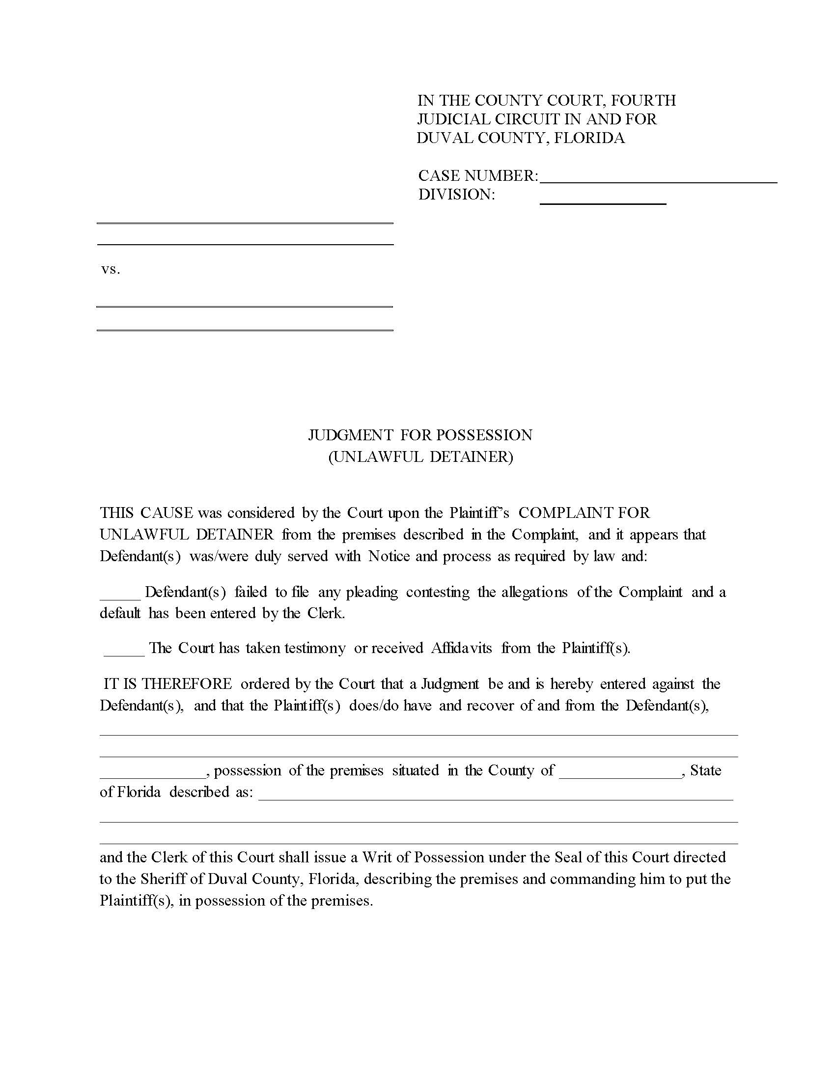 Judgment For Possession (Unlawful Detainer) | Pdf Fpdf Docx | Florida