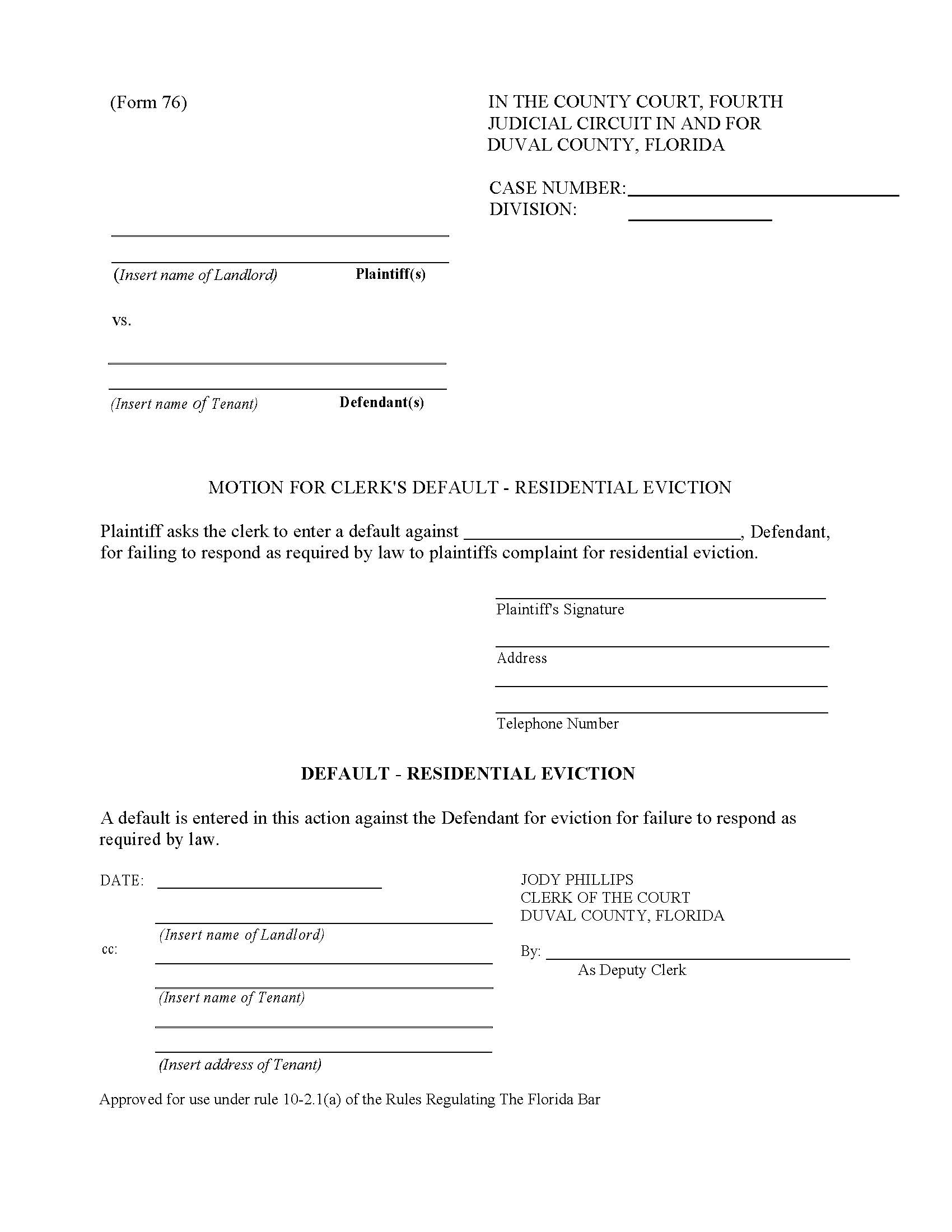Motion For Clerks Default - Residential Eviction {76} | Pdf Fpdf Doc Docx | Florida