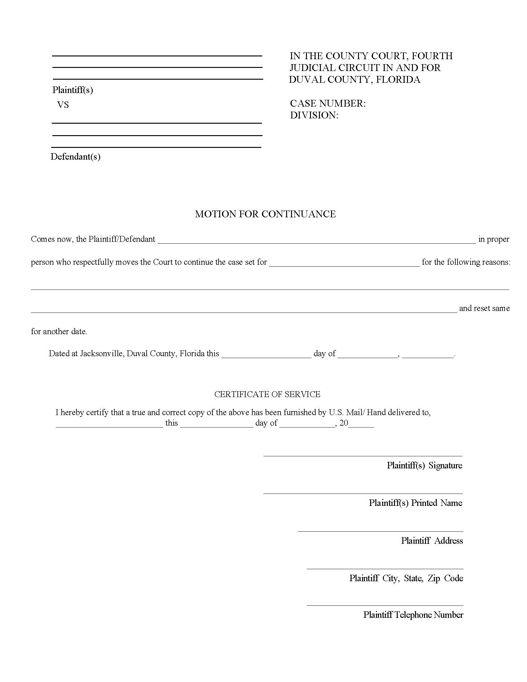 Motion For Continuance (County Civil) | Pdf Fpdf Docx | Florida