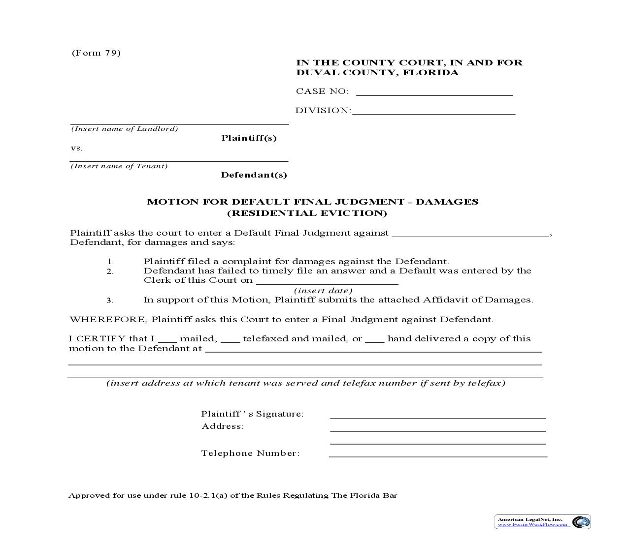 Motion For Default Final Judgment - Damages (Residential Eviction) {79} | Pdf Fpdf Doc Docx | Florida